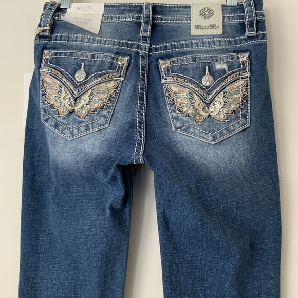 Miss Me Jeans Size 27 Blue Mid Rise Capri Embellished Faux Flap Pockets - Picture 12 of 12